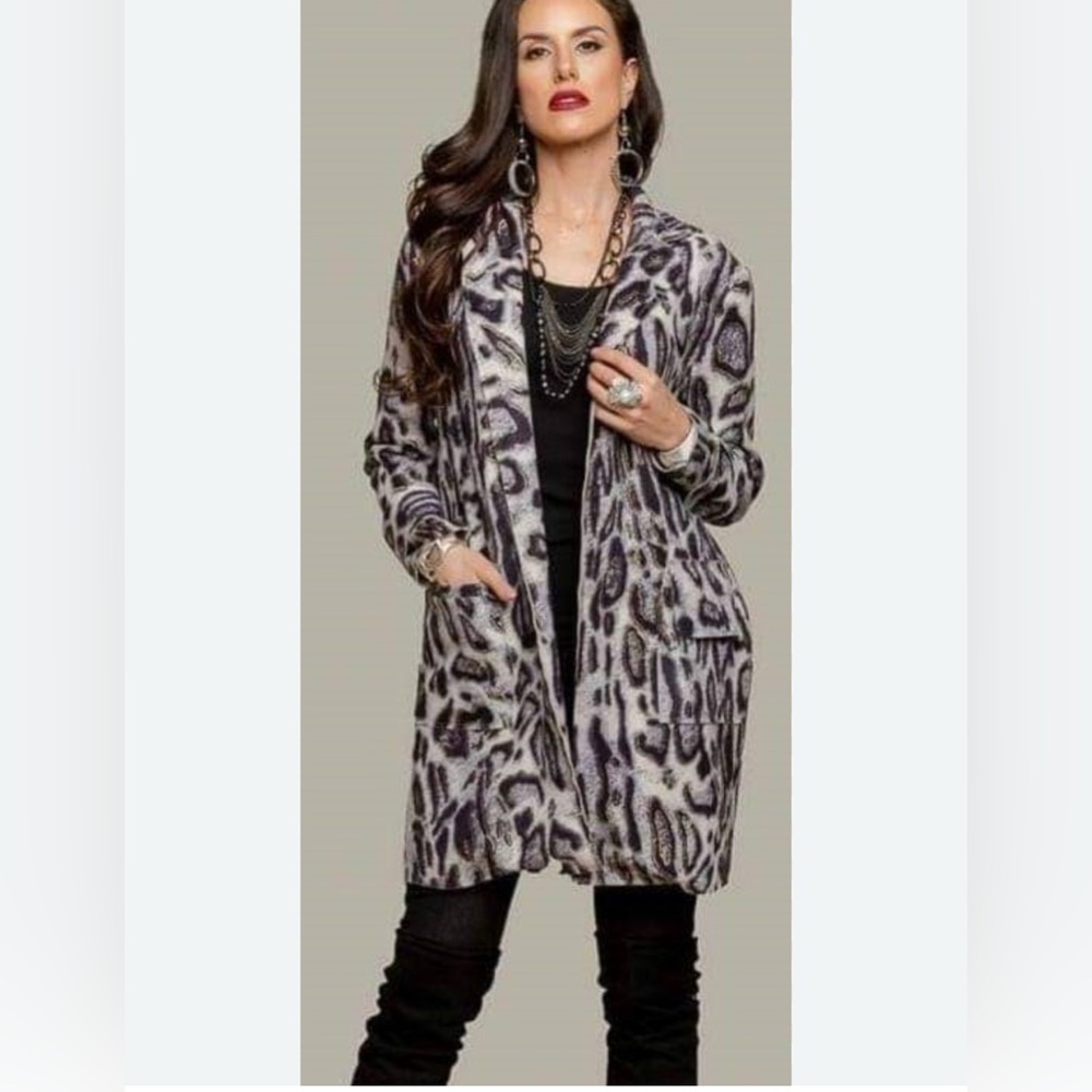 Leopard-Print Open Front Long Cardigan Jacket - Gray